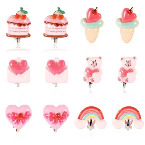 Mikovivi 6 Pares Pendientes Pinza para Niños, Pendientes Resina Coloridos sin Perforación Adorables Clip de Orejas Princesa para Niñas Accesorios Joyería