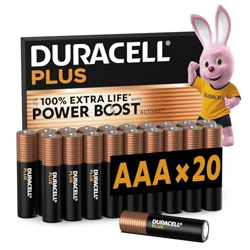 DURACELL Plus Pilas AAA (Paquete de 20) – Pilas alcalinas 1,5 V–hasta un 100% de duración Extra con Activos Power Boost–Fiabilidad para Dispositivos cotidianos–Envase con 0% de plástico–MN2400