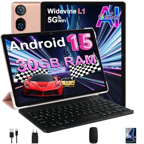 DMOAO Tablet 10 Pulgadas Android 15 con Gemini AI, 30 GB RAM + 2 TB ROM Expansión, 5G WiFi, GPS, Widevine L1, Octa-Core, BT 5.0, 6000mAh, USB-C, FHD Tablet con Teclado+ Ratón + Funda, Dorado