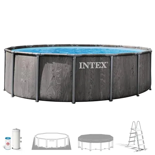 Intex - Piscina Desmontable, Greywood Prism Frame Premium, D457x122 cm, Capacidad 16.805 litros, Escalera, Tapiz, Cobertor, Depuradora Cartucho, Montaje 45 Minutos, Conexiones Ø32 mm (56093)