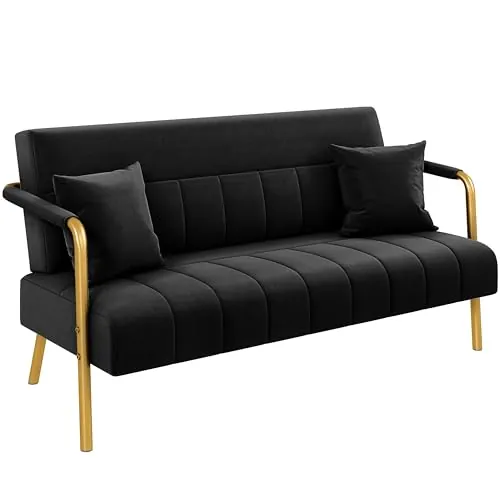 Yaheetech Sofá de Tela de Terciopelo de Dos Plazas Con Dos Cojines Negra | Sofa de Dos Plazas, Tela Terciopelo, Capacidad de 272 KG,con Cojines, Sofá con Reposabrazos, para Apartamento Pequeño,Salón