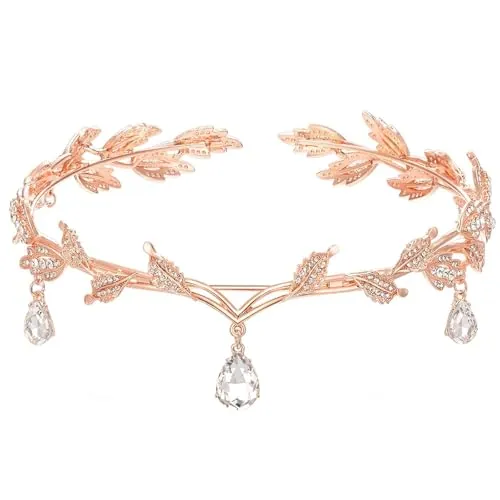 ZYEKIU Corona, Tiara Pedrería Oro Rosa, Tiaras Novia con Corona de Hojas, Tiara de Cristal de Boda, Diadema Elfo Retro para Cosplay, Boda, Fiesta, Festival Renacentista, Navidad, Cumpleaños