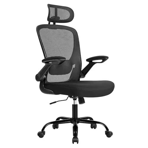 SONGMICS Silla de Oficina, Silla de Escritorio de Malla, Silla Giratoria Ergonómica, Soporte Lumbar, Oscilante, Asiento de 53 cm, Apoyabrazos Abatibles, Reposacabezas, Negro Tinta OBN047B01