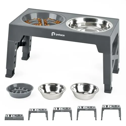 Comedero Perro Elevado de 5 Alturas Ajustables, 2 Cuencos Acero INOX, Gris