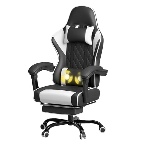JUMMICO Silla Gaming con Masaje, Butaca Reclinable Ergonómica con Reposapiés y Reposacabezas, Silla de Ordenador y Silla de Trabajo, Soporta 150 kg, Cómoda y Elegante,Blanco
