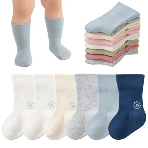 Delgent Bebés Calcetines de Algodón 6 Pares Colores sólidos Calcetines elásticos y suaves Niños Niñas(M:9-24 meses,Azul)