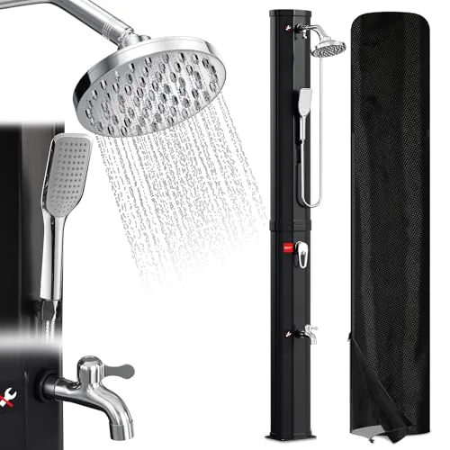 Vigevee Ducha Solar para jardín, 60 L, Agua Caliente hasta 60 °C, sin conexión de alimentación, Ducha de Piscina, Camping con Ducha de pies y Cabezal de Ducha de Lluvia Giratorio, Incluye Material de