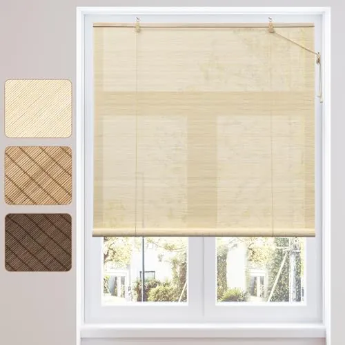 WOLTU Estores de Bambú, Persianas Enrollables para Exterior e Interior, Cortina de Bambú Natural, Estor Transpirable de Puertas o Ventanas, Protección Solar y Privacidad, Natural, 100x220 cm