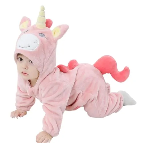 LOLANTA Disfraz de Unicornio Arco Iris para Niñas, Peluche con Capucha para Bebé, Rosa, 12-18 meses