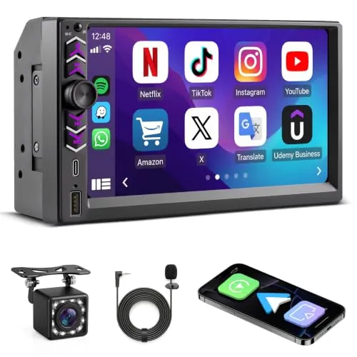 Autoradio 2 DIN con Apple CarPlay y Android Auto Inalámbrico, Pantalla Táctil HD 7", Radio Coche Bluetooth Manos Libres, Mirror Link, Cámara de Marcha Atrás, Control del Volante (SWC), USB, Type-C, FM