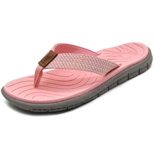 KuaiLu Chanclas Mujer Verano Playa Piscina Cuero y Tela Flip Flops Señoras Comodas Piel Planas Caminar Sandalias De Dedo Antideslizante Yoga-Espuma Chancletas Rosa 39
