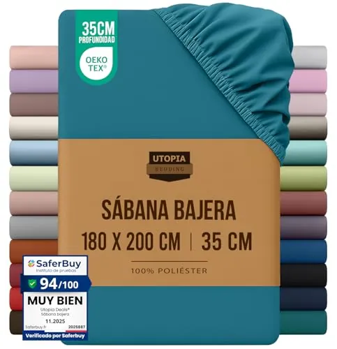 Utopia Bedding Sabana Bajera 180x200 - Denim Azul | Certificado Oeko Tex - Microfibra de Poliéster Cepillado - 35cm Bolsillo Profundo