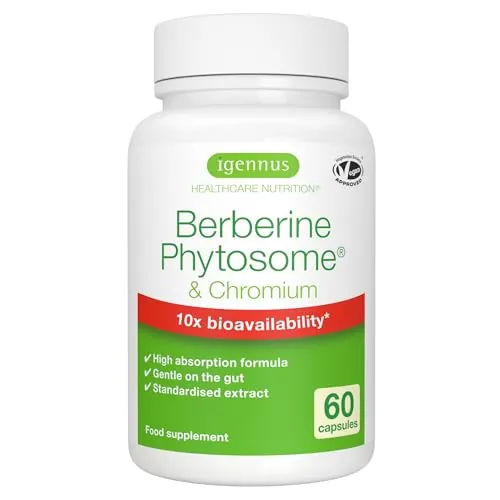Igennus Berberina 550 mg Fitosomada, Acción Dual con Picolinato de Cromo, Alta Absorción, Control de la Glucosa, Extracto Estandarizado, Ingredientes Puros, 60 Cápsulas Veganas