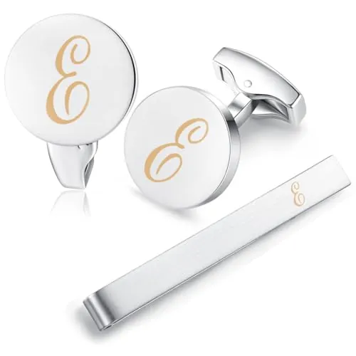HONEY BEAR Carta Inicial Alfabeto Gemelos & Clip Pasador de Corbata Pisacorbatas para la Camisa de los Hombres Regalo de Boda del Negocio Plata (E)
