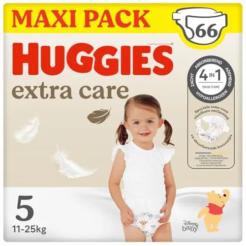 Huggies Extra Care Pañal para bebé con diseños Disney Talla 5 (12-22 kg), 2 packs x 33 pañales, 66 pañales con almohadillas extra suaves que cuida de la piel del bebé