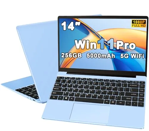 Ordenador Portatil Celeron N4020 Up to 2.8Ghz, Ordenadores Portatiles 14 Pulgadas Win 11 con 5G WiFi 6+256GB SSD Expansión 1TB, BT 4.2 1920*1080 FHD Mini Puerto Multimedia Portatiles Buenos-Azul