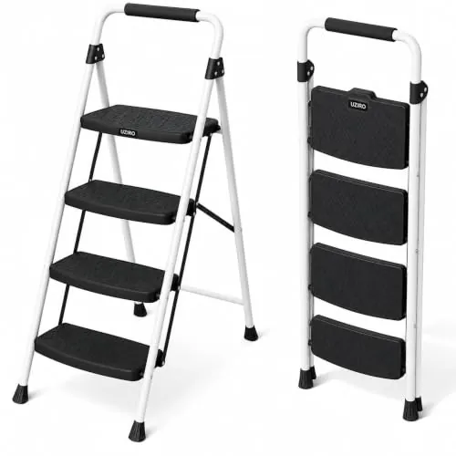 UZIRO Escalera Plegable 4 Peldaños, Blanco, Antideslizante