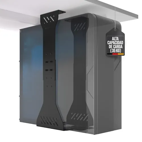 Soporte PC bajo Mesa – Alta Resistencia hasta 35 kg, Ajustable (Negro) | Soporte CPU para torre PC · PC stand ajustable a muchos tamaños · Libera el suelo · Acceso fácil · Favorece la ventilación