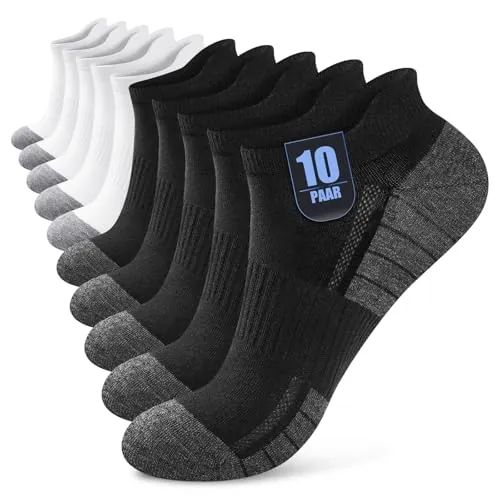 Effeet 10 Pares Calcetines Tobilleros Hombre Mujer, Calcetines Cortos Algodón Transpirables, Ideales para Deporte, Correr, Casa, Trabajo, Verano, Negro Blanco 43-46