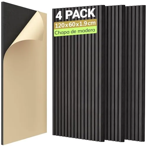TONOR Lote de 4 Paneles acústicos autoadhesivos en Chapa de Madera, 120 x 60 x 1,9 cm (2,88 m²), Paneles murales 3D, Aspecto Madera para decoración de Paredes, Oficina, salón, Negro