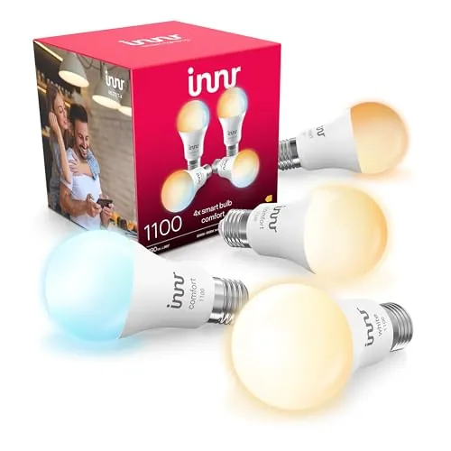 innr Bombilla Inteligente E27, para Hue* y hubs Zigbee, 4-pack | Luz LED blanco cálido a blanco frío, 2000K-6500K, 50 % más de brillo, 1190 lúmenes, Regulable