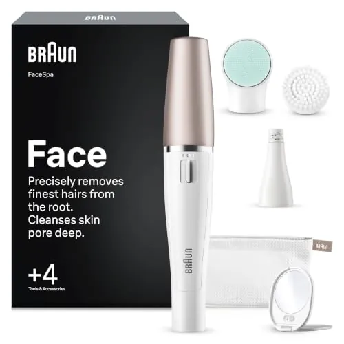 Braun Depiladora Facial Mujer FaceSpa con 4 Accesorios, 851V, Blanco/Bronce
