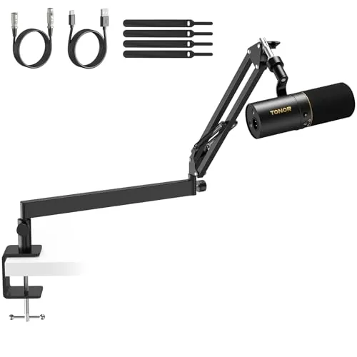 TONOR Micrófono Gaming USB/XLR con Soporte de Brazo Bajo, Cardioide Dinámico RGB para Juegos, Streaming, Podcasting, Metálico para PC, Mac, PS4, PS5, Botón Silencioso, 200cm,TD510+