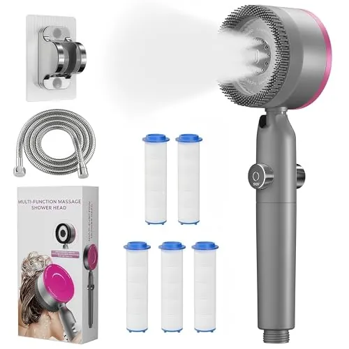 Alcachofa Ducha Alta Presión con 5 Filtros, Manguera 1.5M y Soporte, Cabezal de Ducha Antical de 4 Modos con Botón de Stop, Alcachofa de Ducha Universal para Cuidado de Piel y Pelo, Gris