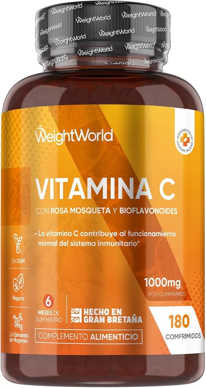 Vitamina C 1000mg, 180 Comprimidos Veganos con Bioflavonoides y Rosa Mosqueta, 6 Meses de Suministro - Contribuye al Funcionamiento Normal del Sistema Inmunitario (EFSA), Sin Gluten ni OGM