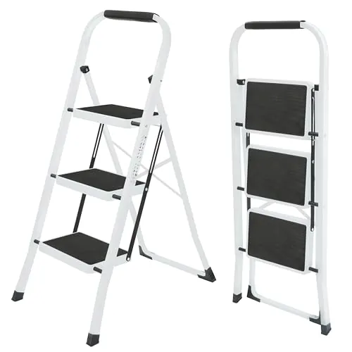 UZIRO Escalera Plegable 3 Peldaños -Estructura de Acero y Peldaño Antideslizante - Asa Superior de Goma - Escaleras Plegables Domésticas - Step Ladder para Hogar (Blanco, 3 Peldaños)