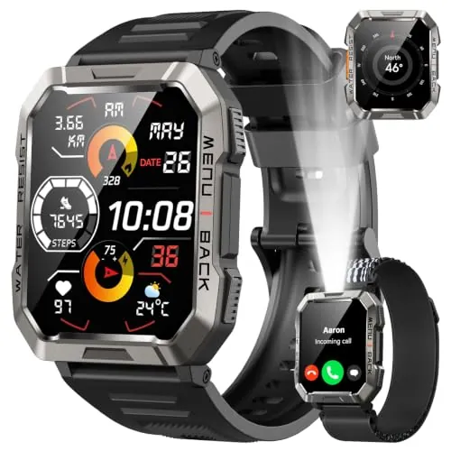 Reloj Inteligente Hombre con Linterna y Brújula,2.01" Militar Smartwatch Hombre Llamadas Bluetooth/Notificación,IP68,Monitor de Sueño,Pulsómetro,SpO2,Podómetro,100+Modos Deportivos para Android iOS