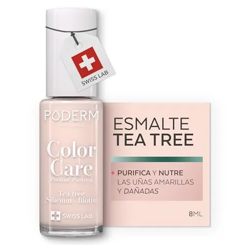 PODERM Esmalte Cuidado para Uñas con Tea Tree - Rosa Pálido | Swiss Lab - 8ML | Enriquecido con Tea Tree, Silicio & Biotina | Purifica, Aclara & Nutre las Uñas Amarillas | Creado por una Podóloga