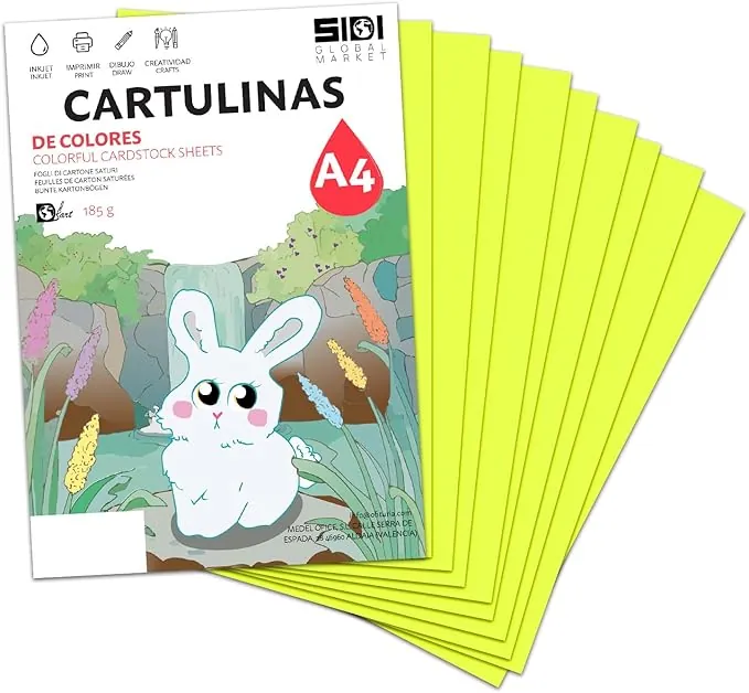 Cartulina A4 Amarillo Flúor 185 g Papel Cartulina Fluorescente para Manualidades, Scrapbooking, Impresora Inkjet y Láser, Color Neon Alta Visibilidad – SIDI (amarillo fluor, 25h)