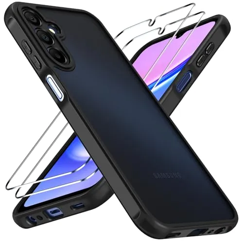 iVoler Funda Mate Negro para Samsung Galaxy A15 4G / 5G con 2 Piezas Cristal Templado, [Protección Lente Cámara] [Protección Militar] Carcasa Protectora Antigolpes Trasera Translúcida Antihuellas Case