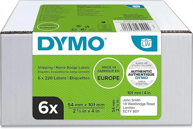 DYMO LW etiquetas de envío/tarjetas de identificación grandes y auténticas | 54 mm × 101 mm | 6 rollos de 220 etiquetas autoadhesivas (1320 unidades) | para etiquetadoras LabelWriter