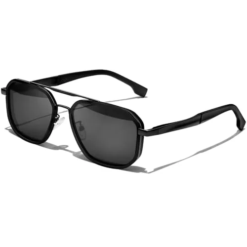KANASTAL Gafas de Sol Hombre Negras Oscuras Cuadradas Polarizadas Mujer clásicas Retro Vintage Metal Playa Golf Conducción UV400 - Marco Negro