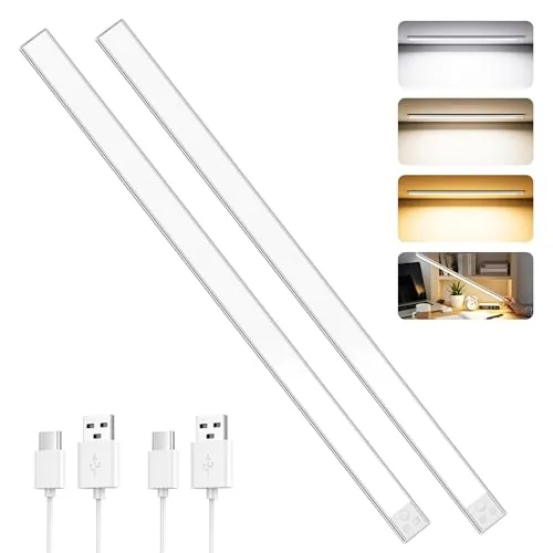 OUILA Luz de Armario con Sensor Movimiento,60CM Recargable Luz Nocturna con temperatura de 3 colores,Regulable Lampara LED Adhesiva para Gabinete, Pasillo, Escalera, Sótano, Cocina, Garaje-2PCS