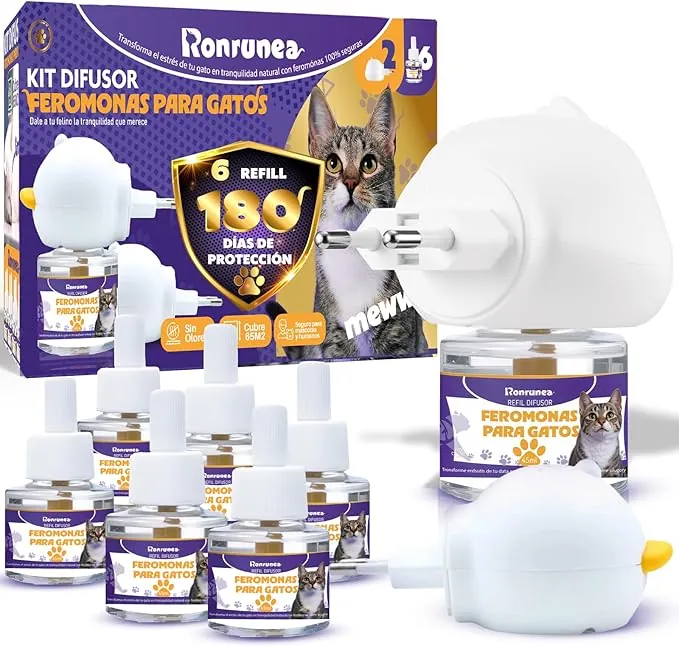 RONRUNEA® | MEGAPACK de 2 Difusores + 6 Recambios de 48ml (170 Días) de Feromonas para Gatos | Solución Natural de Ansiedad y Estres para Gato | Ideal para Hogares.