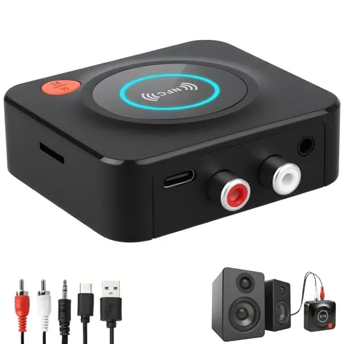 Receptor Bluetooth 5.1 HiFi inalámbrico con Adaptador de Audio AUX 3,5 mm y RCA, conexión Dual para estéreo, Altavoces y amplificadores, Modo Graves, NFC y batería integrada 12 h, Alcance hasta 30 m