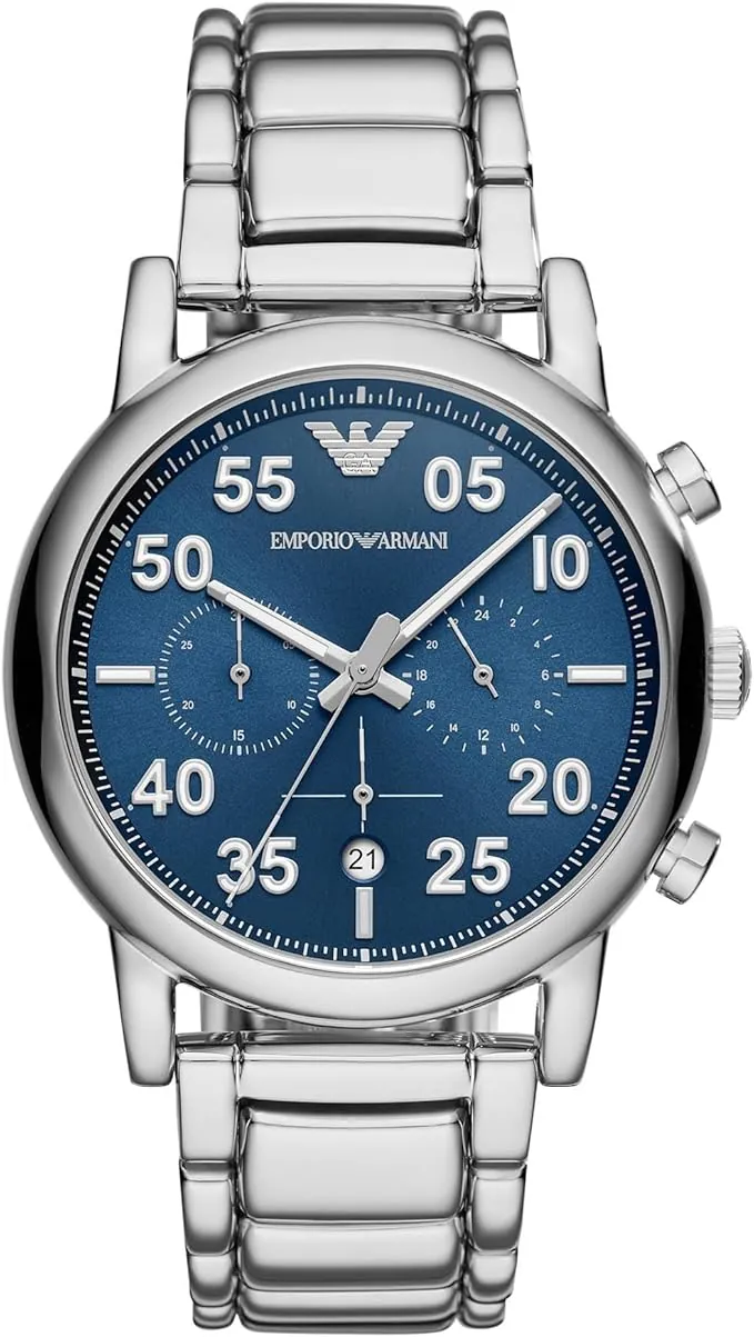 Emporio Armani Reloj Hombre, Movimiento Cronógrafo con 3 subesferas y Caja de 43mm con Correa de Acero, Piel o Silicona