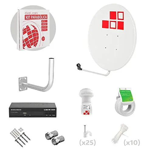 Diesl.com - Kit Antenas parabólicas de televisión satélite Astra digital - 60cm + LNB Single 4k + Soporte + 20 Metros de Cable + Receptor Satélite + Tacos a Pared + Conectores + 10x Bridas + 25 Grapas
