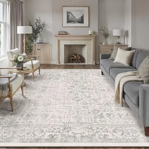 HUGEAR Alfombra Salon Gris Antideslizante Alfombras Lavables en Lavadora Tapetes para Sala 240x300cm Habitacion Dormitorio Comedor Flor Vintage Grande Tapete Pelo Corto tapete Quarto