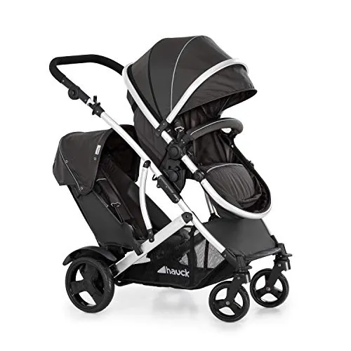 hauck Duett 2 Silla de Paseo Gemelar Ligera con Protector de Lluvia - Carro Doble Bebé hasta 15 kg por Niño - Cochecito Dos Niños Asiento Principal Convertible en Capazo desde el Nacimiento - Negro