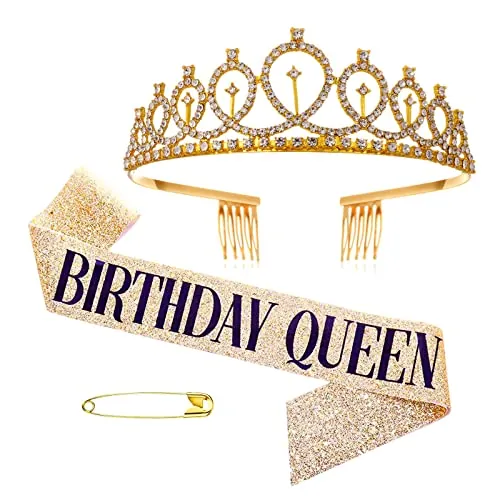YOUDALIS Corona de Cumpleaños,Birthday Queen Tiara Corona de Diamantes,Banda de Cumpleaños para Decoración de Fiesta de Cumpleaños Mujer,Oro