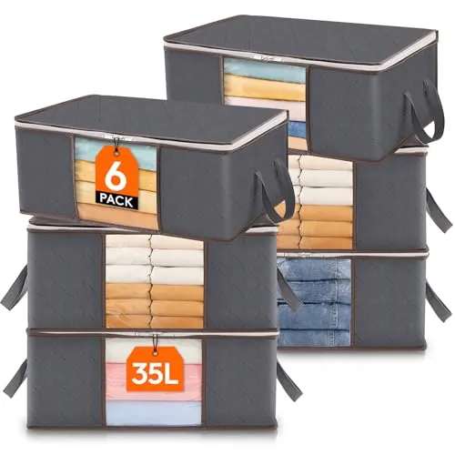 Lifewit Cajas Almacenaje Ropa Plegable con Asa Reforzada, Organizador Armario de Tejido Resistente y Ventana Transparente, Bolsas para Guardar Ropa, Mantas, Gris, 35 L, 6 Piezas