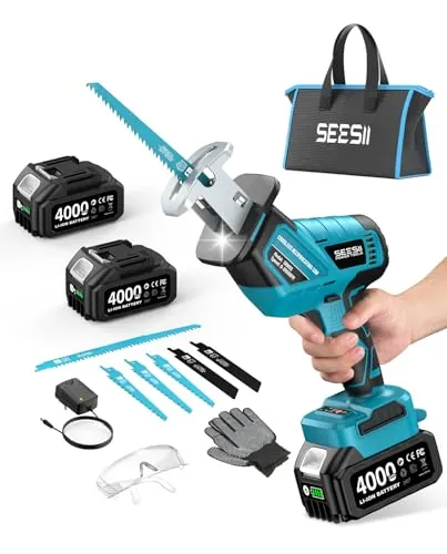SEESII Sierra Sable Inalámbrica 21V, Sierra Alternativa de 2 Baterías 4.0Ah, 3500 RPM motor sin escobillas, luz LED, 8 hojas de sierra portátil para madera PVC de corte
