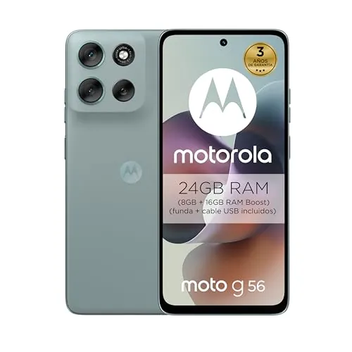 Moto g56 5G 24GB (8GB+16GB RAM Boost)/256GB Gris, Durabilidad Militar, IP68/69, Corning Gorilla® Glass 7i, Pantalla 6.72" Full HD+, Cámara 50 MP con Moto ai, Batería 5200 mAh,Carga TurboPower 30W