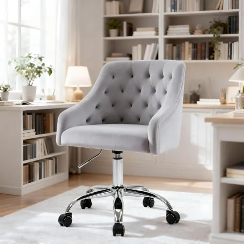 Fiximaster Silla Escritorio, Silla tocador con Ruedas, Altura Regulable y cojín Grueso, Patas Doradas, Ideal para Oficina y tocador, Terciopelo (Gris)