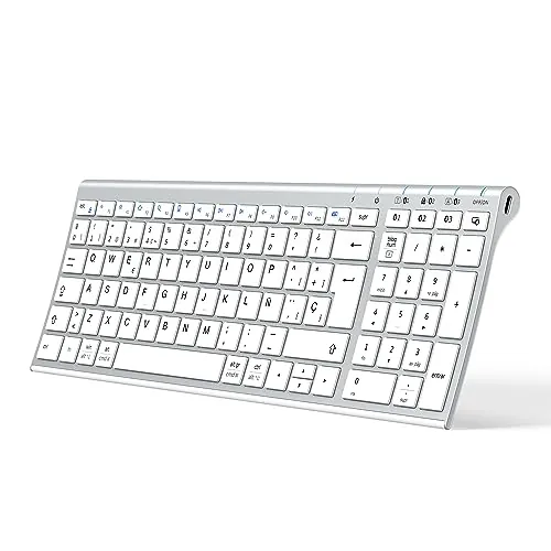 iClever BK10 Teclado Bluetooth Inalámbrico, Teclado QWERTY Español Tamaño Compacto, Diseño Ergonómico, Recargable, Compatible con Mac, iPad, iOS, Android, Windows 8/10/11, Conexión Estable