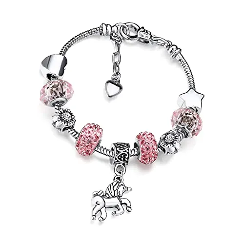 Pulsera de Unicornio para Niñas, Pulsera de Cristal Rosa Brillante para Regalos de Cumpleaños de Chica Adecuado 6-12 años, 16cm